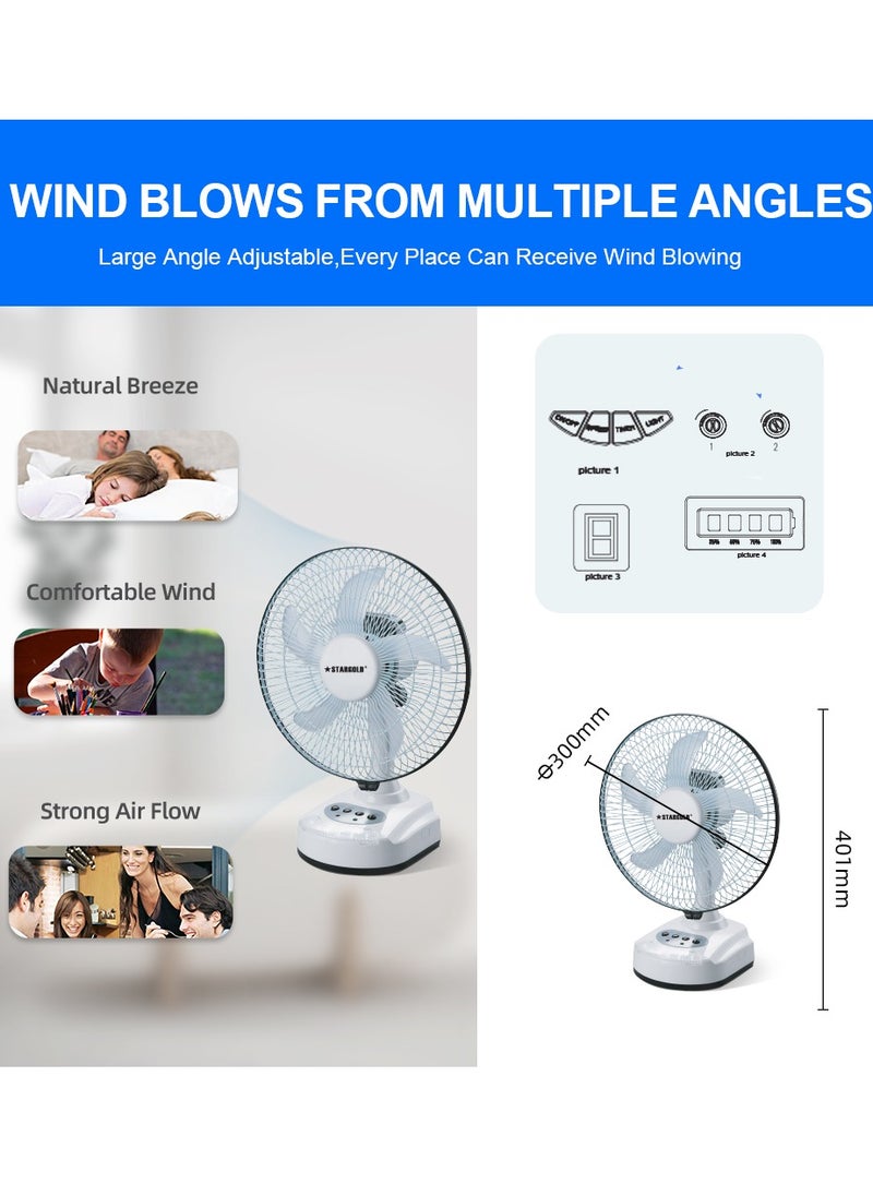 Rechargeable Fan Portable Desk Fan AC/DC 3 Speed Oscillating with LED Light Fan 10inch 22W