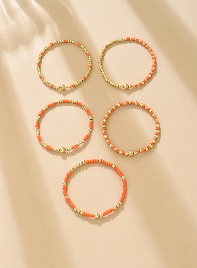 LOTSOF Bohemia Multilayer Beaded Bracelet Set, Turquoise Resin Colorful Surfer Heishi Style Elastic Spring Clasp Friendship Elastic Wristbands Summer Beach Boho Vacation Jewelry (Orange) - Image 3