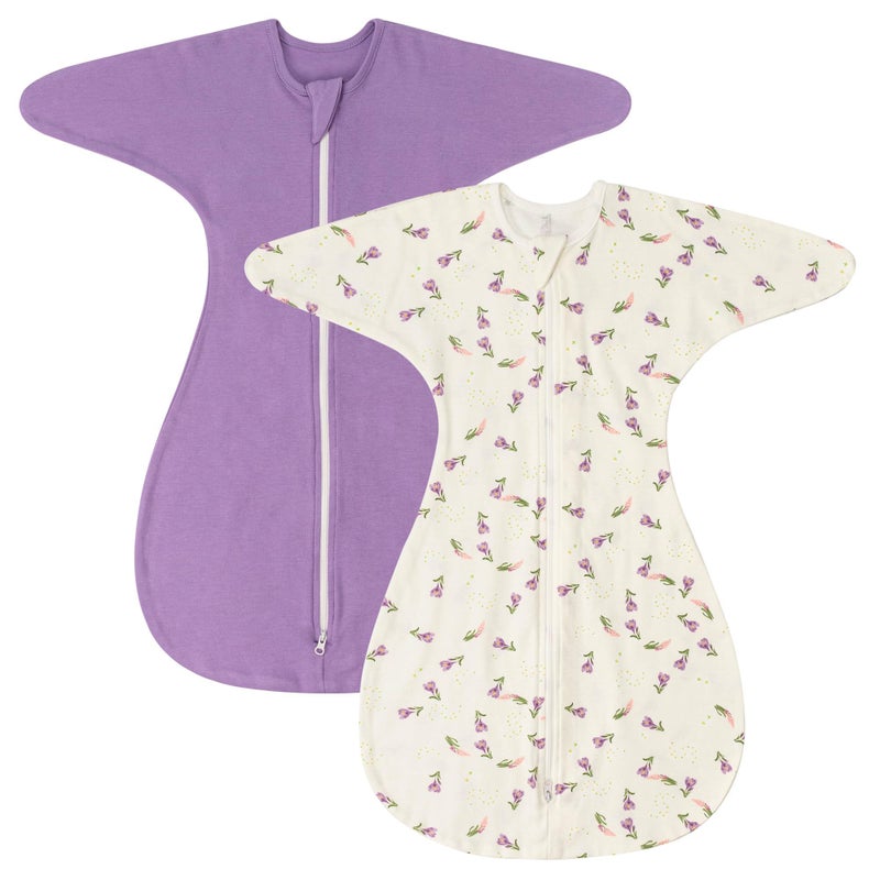 ZIGJOY Shark-Fin Transition Swaddle - 1.0 Tog Baby Sleep Sack Soft Cotton Transitional Swaddle Baby Wearable Blanket with 2-Way Zipper for All Seasons, Purple&Flower, 3-6 Months - Image 1