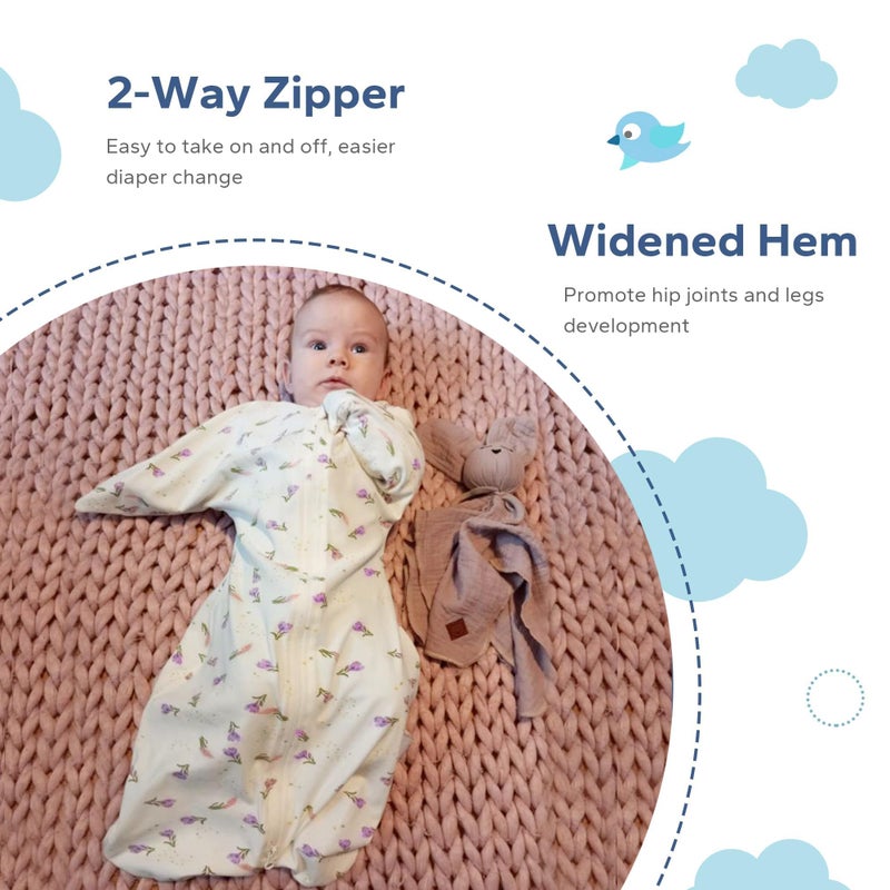 ZIGJOY Shark-Fin Transition Swaddle - 1.0 Tog Baby Sleep Sack Soft Cotton Transitional Swaddle Baby Wearable Blanket with 2-Way Zipper for All Seasons, Purple&Flower, 3-6 Months - Image 4