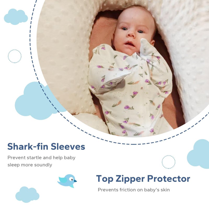 ZIGJOY Shark-Fin Transition Swaddle - 1.0 Tog Baby Sleep Sack Soft Cotton Transitional Swaddle Baby Wearable Blanket with 2-Way Zipper for All Seasons, Purple&Flower, 3-6 Months - Image 3