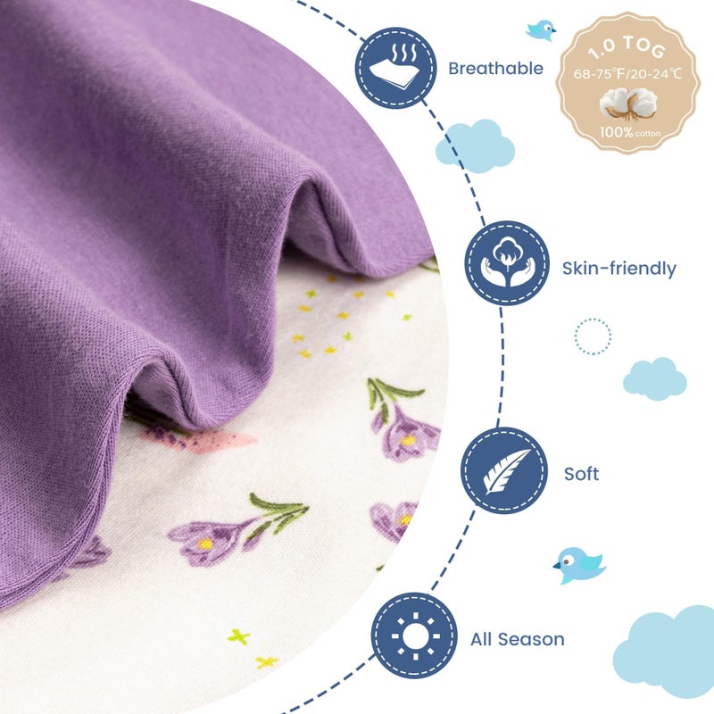 ZIGJOY Shark-Fin Transition Swaddle - 1.0 Tog Baby Sleep Sack Soft Cotton Transitional Swaddle Baby Wearable Blanket with 2-Way Zipper for All Seasons, Purple&Flower, 3-6 Months - Image 2