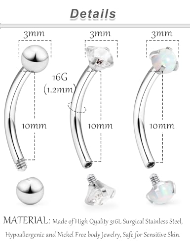 Ocptiy 16G Small Belly Button Ring Surgical Stainless Steel Curved Barbell Bar Eyebrow Navel Vertical Lip Labret Ring Helix Tragus Rook Daith Earring Stud Piercing Jewelry Women Men Silver 10mm Opal - Image 3