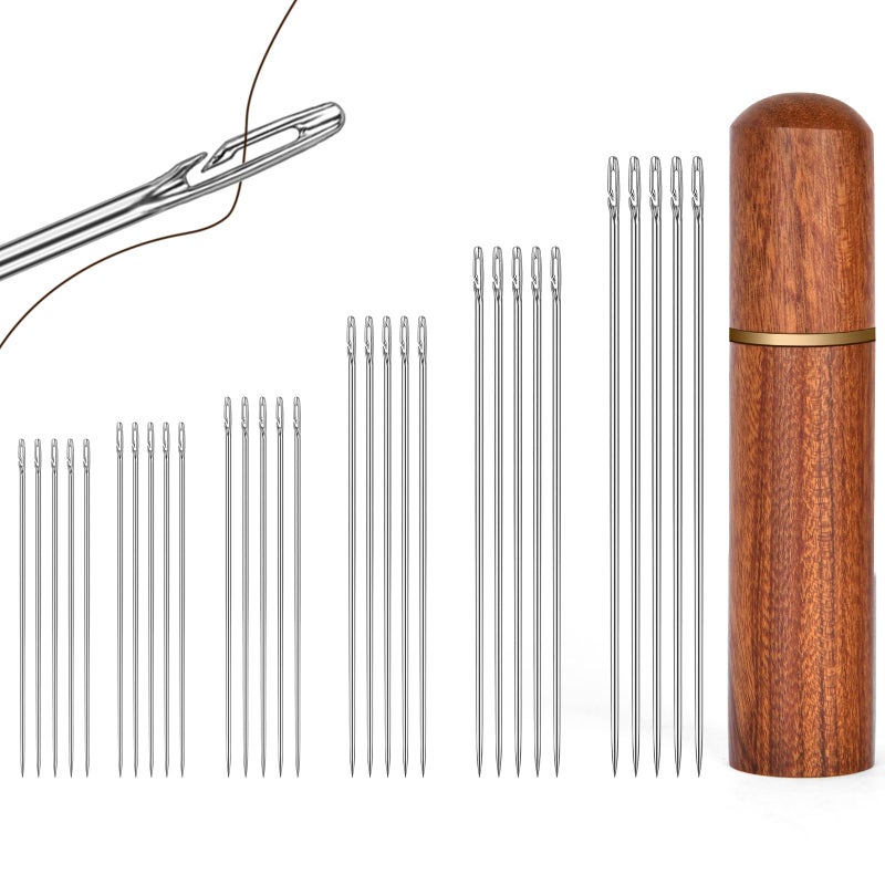 HOTUT 30 Pcs SelfThreading Needles 6 Size Easy Threading Durable  Rustproof Stainless Steel Wooden Case Hand Sewing Embroidery DIY Craft