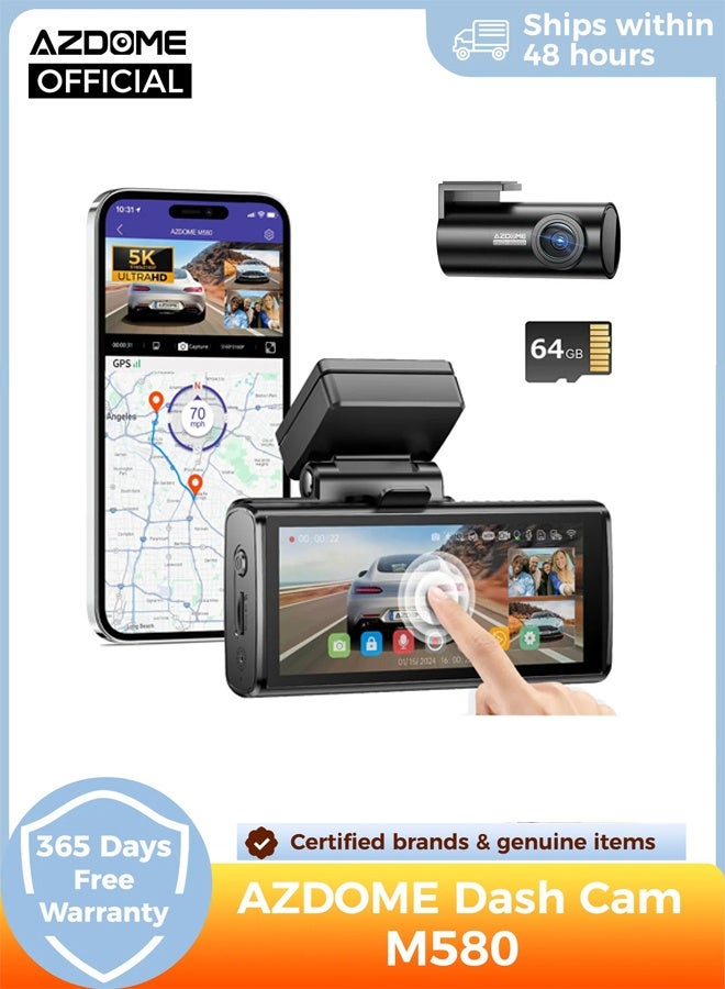AZDOME M580 Dash Cam 5k Front Rear Car Camera Built-in 5GHz WiFi GPS 4" Touch Screen 24H Parking Monitor Night Vision Black Box - Image 1