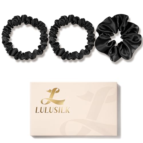 LULUSILK Black Silk Scrunchies for Hair Sleep, 100% Real Mulberry Silk, No Damage Hair Ties for Women and Girls, Pack of 3 - Image 1