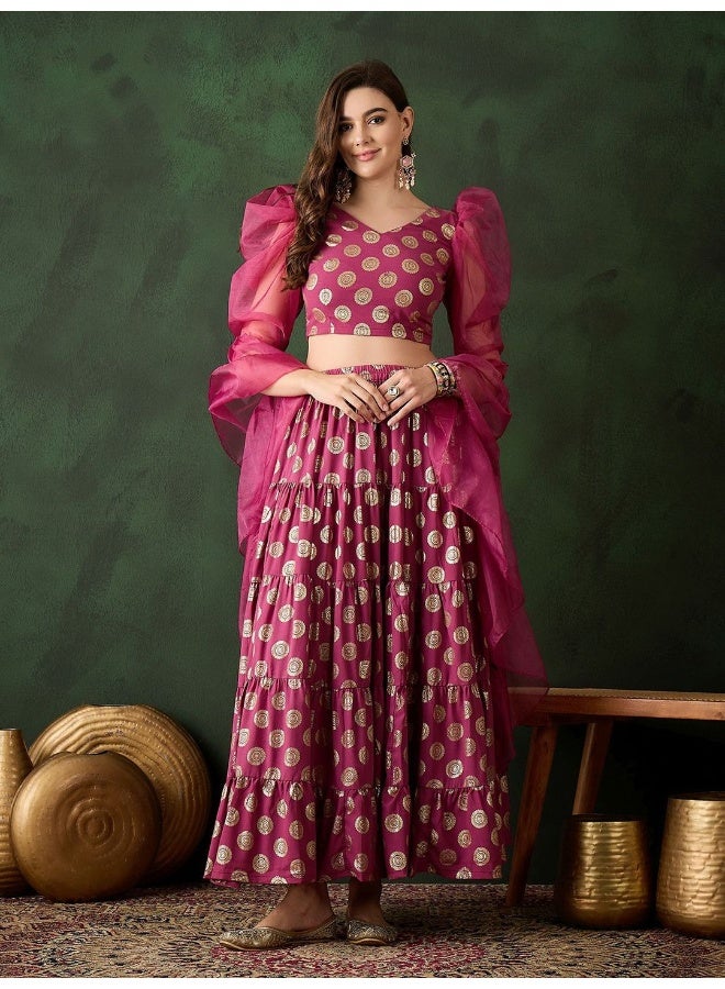 AKS Magenta Gold Foil printed tiered lehenga Choli  - Image 2