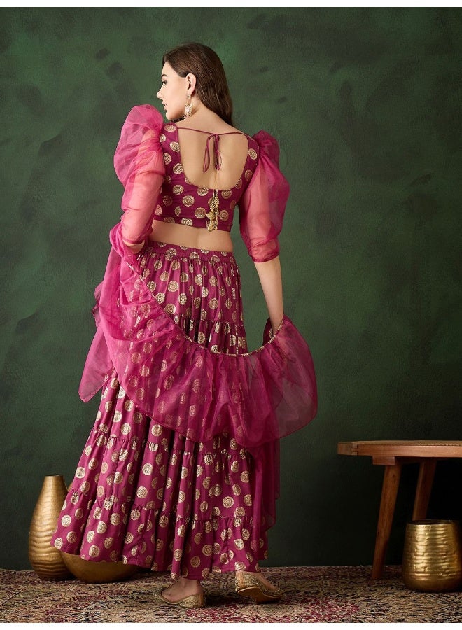 AKS Magenta Gold Foil printed tiered lehenga Choli  - Image 4