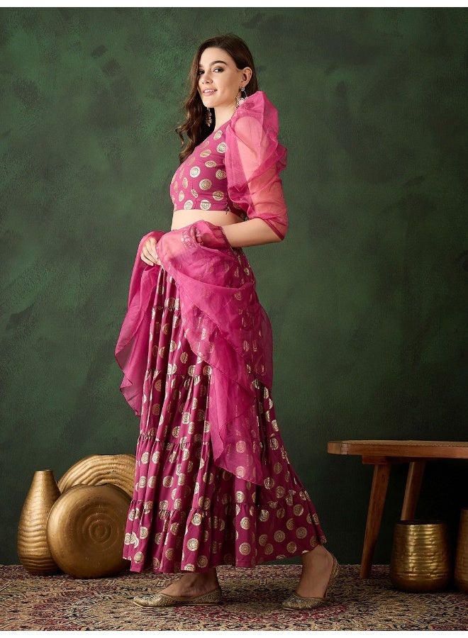 AKS Magenta Gold Foil printed tiered lehenga Choli  - Image 5