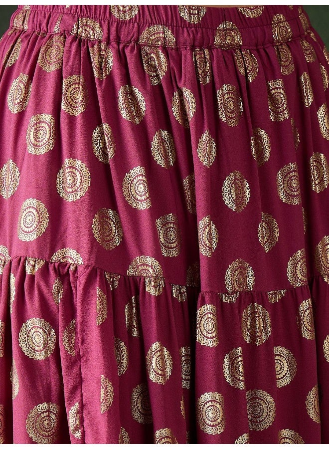 AKS Magenta Gold Foil printed tiered lehenga Choli  - Image 3