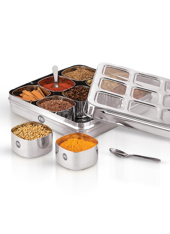 MARU MARU Stainless Steel Square Masala Dabba- Spice Box For Kitchen With 9 Square Bowls And See-Through Lid- Ideal Masala Box For Kitchen,Steel Masala Dani- Wooden Masala Box Alternative (Square),Blue  - Image 1