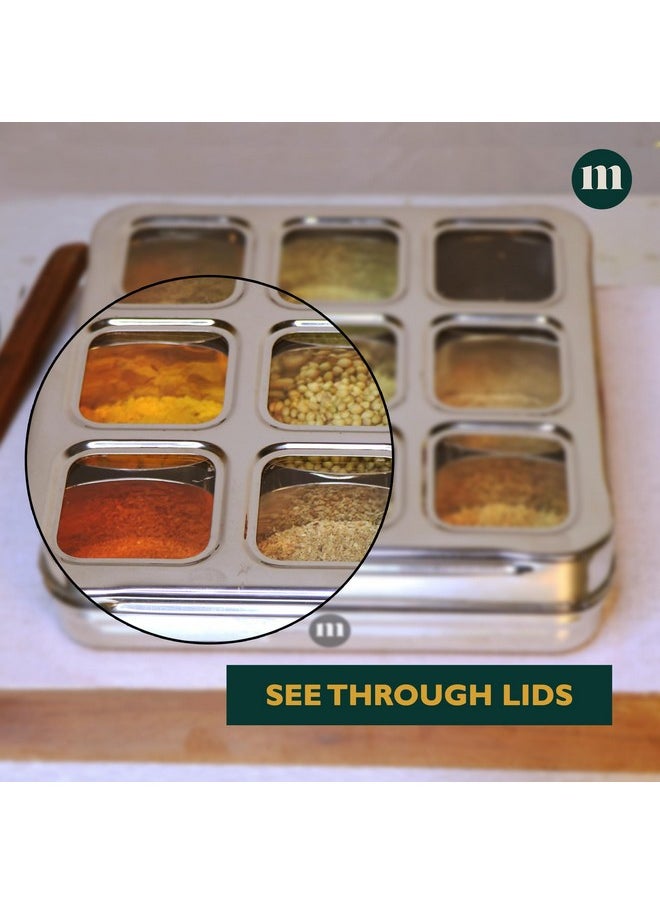 MARU MARU Stainless Steel Square Masala Dabba- Spice Box For Kitchen With 9 Square Bowls And See-Through Lid- Ideal Masala Box For Kitchen,Steel Masala Dani- Wooden Masala Box Alternative (Square),Blue  - Image 3