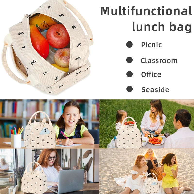 LEDAOU Lunch Box for Women Insulated Lunch Bag Corduroy Lunch Tote Bags Leakproof Cooler Lunch Case for Travel Work Picnic - Image 2