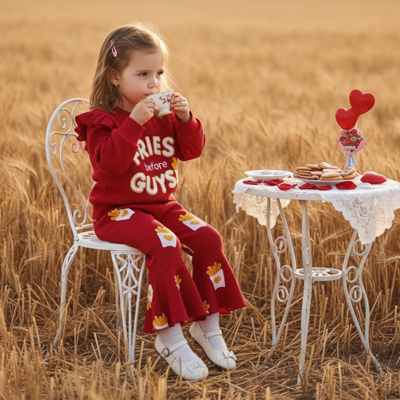 Socutebabe Toddler Baby Girl Valentines Day Outfit Fries Before Guys Sweatshirt Long Sleeve Pullover Flare Pants Cute Clothes (Fries Before Guys-Red, 18-24M) - Image 4