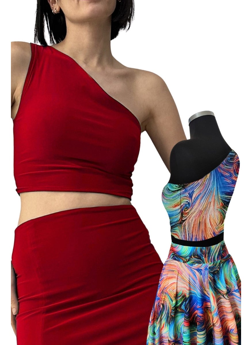 Due Stelle Double Sided Women's One Shoulder Patterned Crop Blouse Red - Abstract  - Image 1
