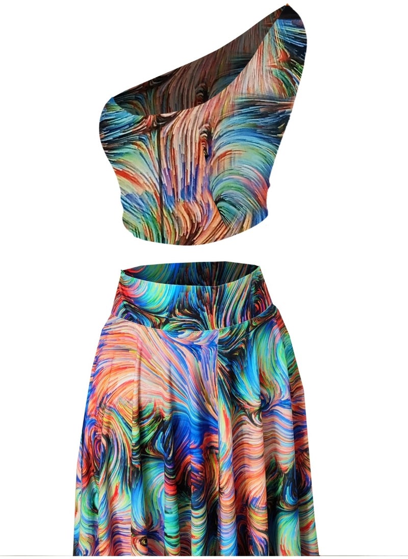 Due Stelle Double Sided Women's One Shoulder Patterned Crop Blouse Red - Abstract  - Image 2