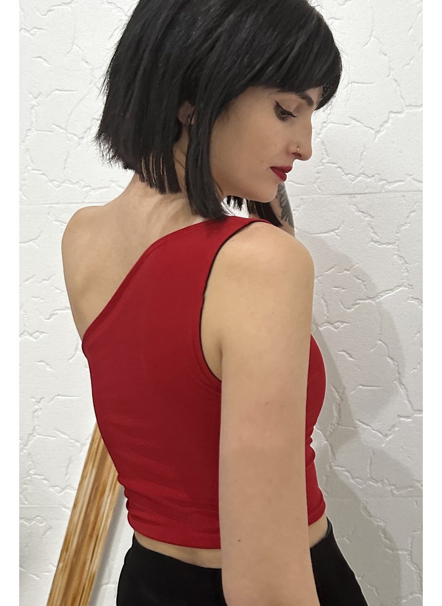Due Stelle Double Sided Women's One Shoulder Patterned Crop Blouse Red - Abstract  - Image 4