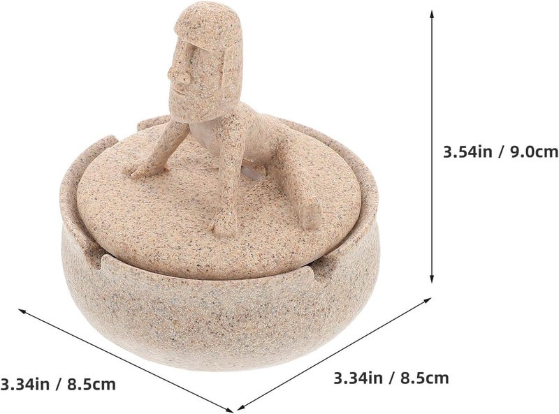 Yoga Stone Ashtray with Cover round Resin Ash Holder Smokers Desktop Ash Tray for Office and Home Décor Sandstone Color - Image 2