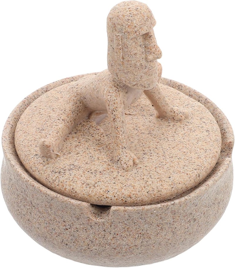 Yoga Stone Ashtray with Cover round Resin Ash Holder Smokers Desktop Ash Tray for Office and Home Décor Sandstone Color - Image 1