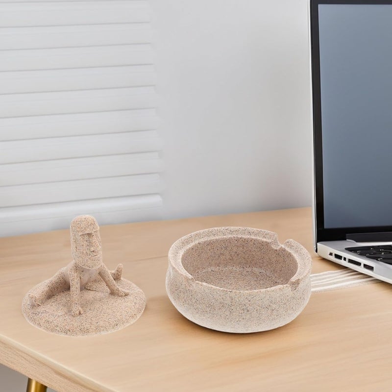 Yoga Stone Ashtray with Cover round Resin Ash Holder Smokers Desktop Ash Tray for Office and Home Décor Sandstone Color - Image 5