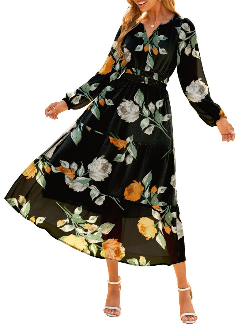Simplee Women's Floral Boho Long Sleeve Maxi Dress V Neck Empire Waist Swing Flowy Wedding Guest Dress Black Floral M - Image 2