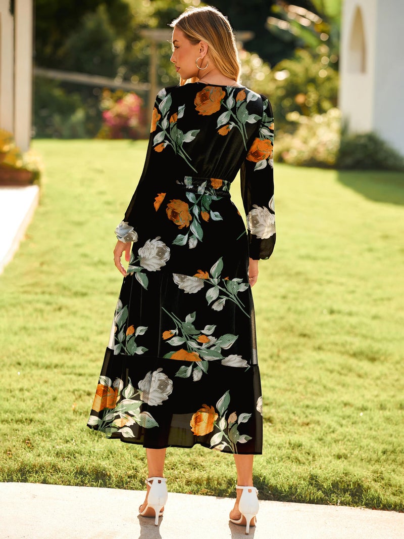 Simplee Women's Floral Boho Long Sleeve Maxi Dress V Neck Empire Waist Swing Flowy Wedding Guest Dress Black Floral M - Image 4