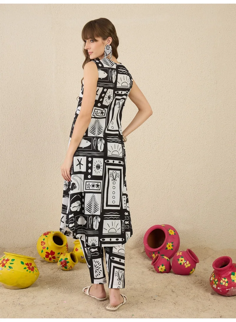 Ameya  Black-printed-a-line-kurta-trouser-set for Women | Best Price UAE