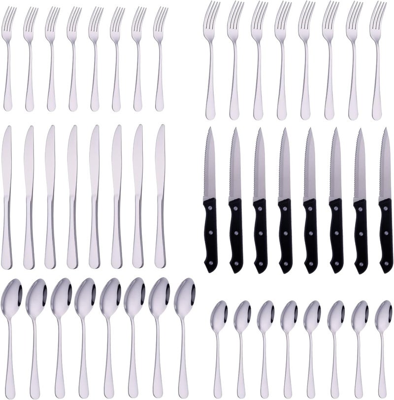 Kitiok طقم أدوات مائدة حديث من الفولاذ المقاوم للصدأ 48 قطعة مع سكاكين ستيك 180 أدوات تناول الطعام القابلة لإعادة الاستخدام ل 8 أشخاص آمنة للغسل في غسالة الصحون فضي - Image 1