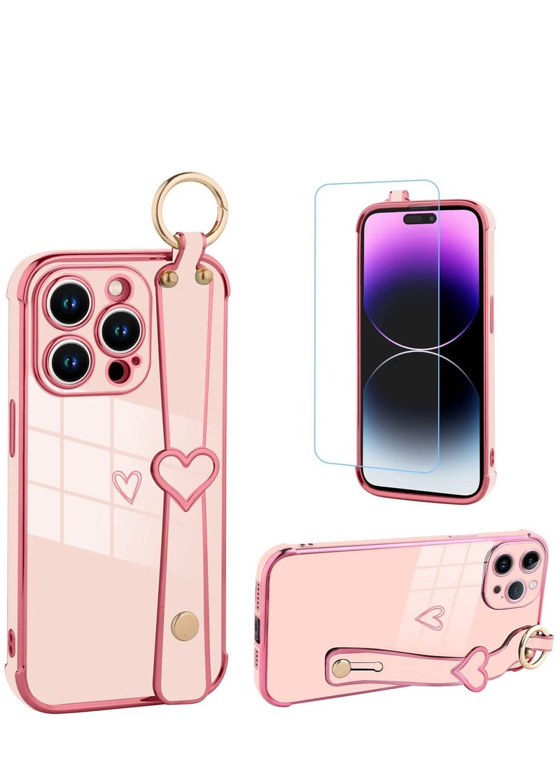 كاست ويف جراب وردي لهاتف iPhone 14 Pro Max مع قوس بحزام إصبع لطيف بتصميم قلب لامع وغطاء واقٍ رفيع مقاوم للصدمات لهاتف iPhone 14 Pro Max وردي - Image 1