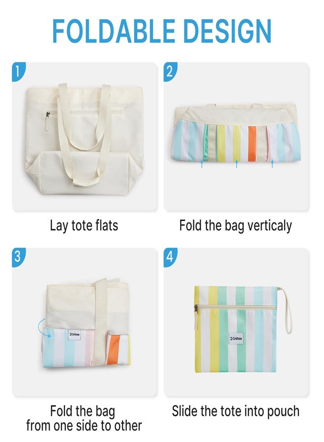 جي4فري حقيبة شاطئ G4Free، حقيبة شاطئ مقاومة للماء، حقيبة حمام سباحة للنساء، سعة كبيرة قابلة للطي للسفر في عطلة نهاية الأسبوع - مخططة بألوان قوس قزح - Image 4