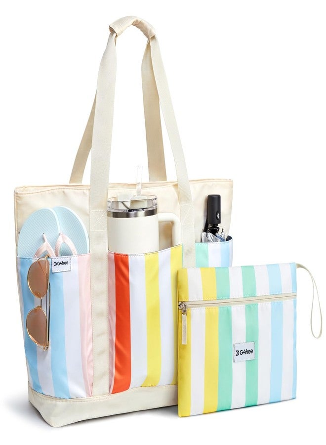 جي4فري حقيبة شاطئ G4Free، حقيبة شاطئ مقاومة للماء، حقيبة حمام سباحة للنساء، سعة كبيرة قابلة للطي للسفر في عطلة نهاية الأسبوع - مخططة بألوان قوس قزح - Image 1
