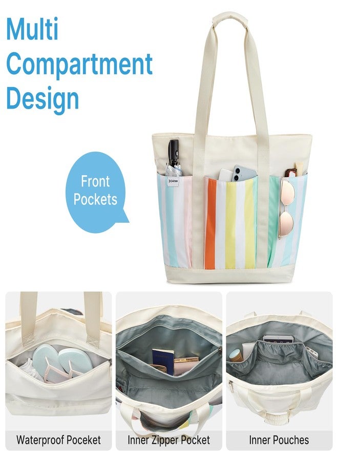 جي4فري حقيبة شاطئ G4Free، حقيبة شاطئ مقاومة للماء، حقيبة حمام سباحة للنساء، سعة كبيرة قابلة للطي للسفر في عطلة نهاية الأسبوع - مخططة بألوان قوس قزح - Image 5