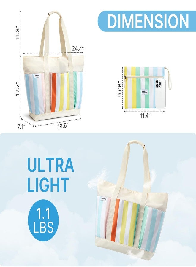 جي4فري حقيبة شاطئ G4Free، حقيبة شاطئ مقاومة للماء، حقيبة حمام سباحة للنساء، سعة كبيرة قابلة للطي للسفر في عطلة نهاية الأسبوع - مخططة بألوان قوس قزح - Image 3