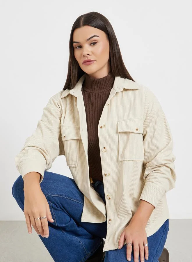 Styli Oversized Corduroy Shirt with Flap Pockets