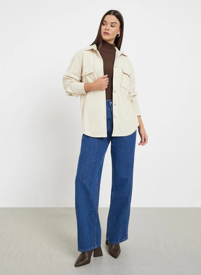 Styli Oversized Corduroy Shirt with Flap Pockets