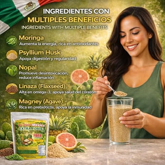 HERBALISTA هيربالستا لا أوريجينال دي مكسكو إكسترا فورت دايلي فايبر 16oz (454g)، مورينجا، بسيليوم هاسك، نوبال، فلانكسيد (لينازا) وأجاف بليند، مسحوق ألياف نباتية، سهل الخلط - Image 5