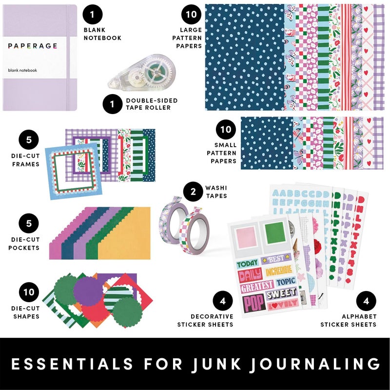 PAPERAGE Junk Journal & Scrapbook Kit, Hardcover Blank Journal Notebook, 20 Patterned Papers, 8 Sticker Sheets, 20 Die-Cut Shapes, 2 Washi Tapes & Tape Roller, Creative Journaling Supplies - Lavender - Image 2