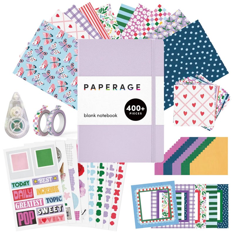 PAPERAGE Junk Journal & Scrapbook Kit, Hardcover Blank Journal Notebook, 20 Patterned Papers, 8 Sticker Sheets, 20 Die-Cut Shapes, 2 Washi Tapes & Tape Roller, Creative Journaling Supplies - Lavender - Image 1
