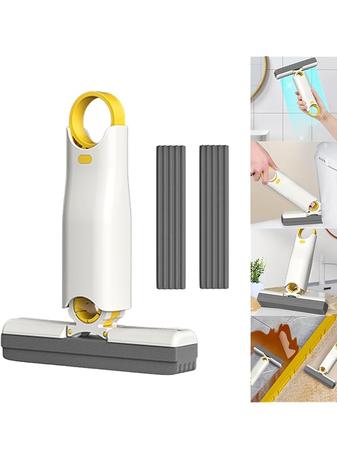 promass Portable Mini Self-Squeeze Mop for Bathroom Kitchen Household, Desktop Glass Cleaning Mop, Bathroom Crevice Absorbent Mop, Mini Sponge Mop for Small Spaces, 1 Handle + 3 Sponge Heads - Image 1