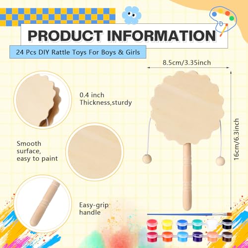 Arrowbash 24 Pcs DIY Rattle Set Unfinished Blank Wooden Rattle 63 x 335 Inch Hand Drum Craft Kit Suitable for Art Painting Education Social Emotional and Sensitivity - Image 5