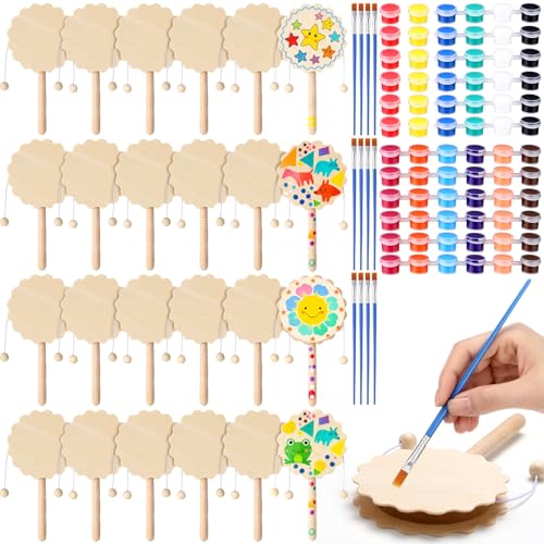 Arrowbash 24 Pcs DIY Rattle Set Unfinished Blank Wooden Rattle 63 x 335 Inch Hand Drum Craft Kit Suitable for Art Painting Education Social Emotional and Sensitivity - Image 1