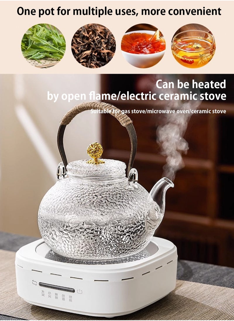 LOOPITYS - 900 ml glass teapot, glass teapot with strainer insert, anti-scald handle and teapot with glass lid, hammered jet pot, teapots for loose tea, for stove, electric hob - Image 1
