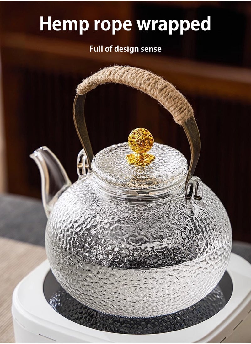 LOOPITYS - 900 ml glass teapot, glass teapot with strainer insert, anti-scald handle and teapot with glass lid, hammered jet pot, teapots for loose tea, for stove, electric hob - Image 1