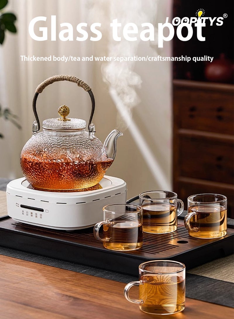 LOOPITYS 900 ml glass teapot, glass teapot with strainer insert, anti-scald handle and teapot with glass lid, hammered jet pot, teapots for loose tea, for stove, electric hob - Image 1