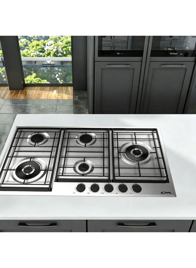 CM LEODO 9055 IX 90cm Silver Gas Hob – 5 Burner Cooktop with Italian SABAF Burners, Cast Iron Pan Supports & Auto Ignition Safety - Image 4