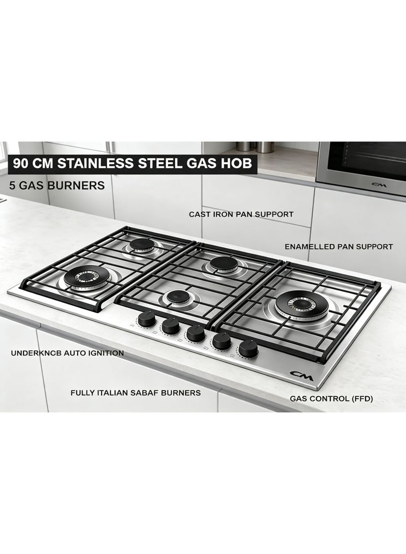CM LEODO 9055 IX 90cm Silver Gas Hob – 5 Burner Cooktop with Italian SABAF Burners, Cast Iron Pan Supports & Auto Ignition Safety - Image 3