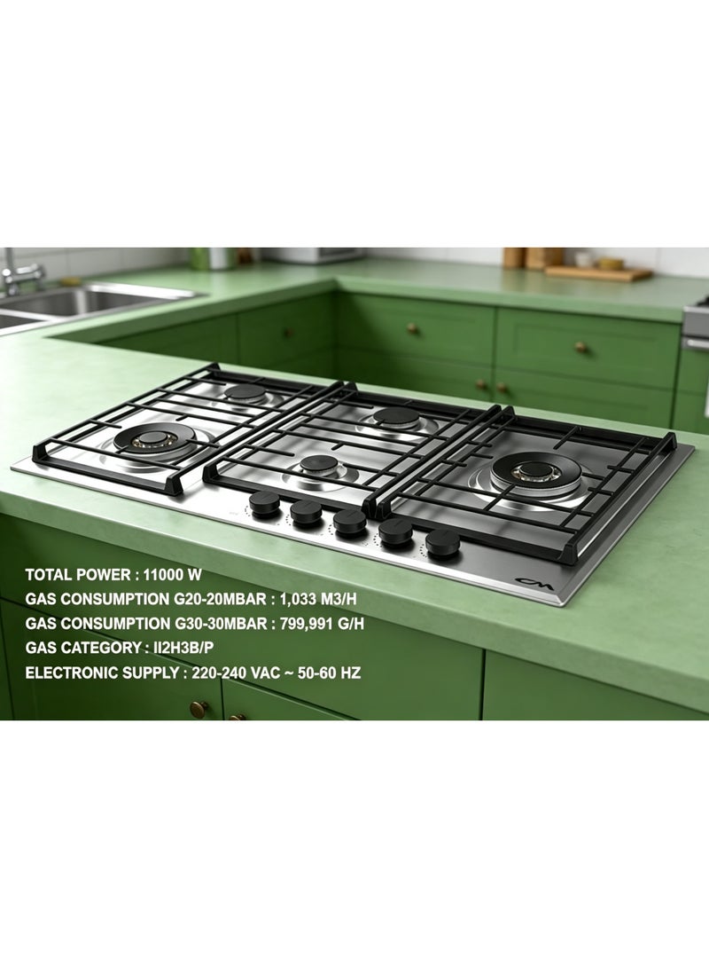 CM LEODO 9055 IX 90cm Silver Gas Hob – 5 Burner Cooktop with Italian SABAF Burners, Cast Iron Pan Supports & Auto Ignition Safety - Image 2