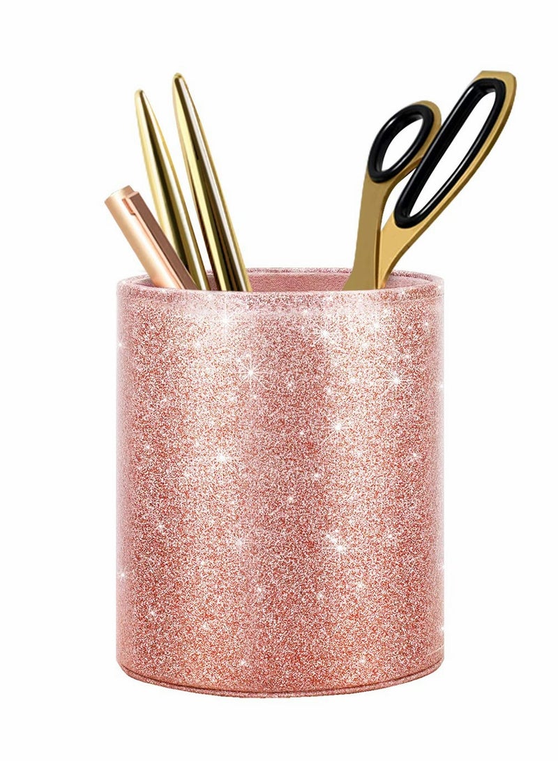 Excefore Pen Holder for Desk, Pencil Cup Pink Glitter Bling for Women Girls, Luxury Makeup Brush Holder Large Pu Leather Multi-Functional Organizer Cup for Office, Classroom, Home, Rose Gold - Image 1