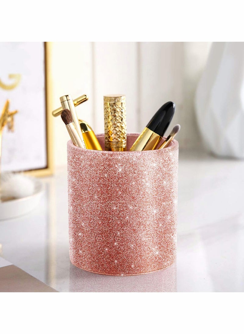 Excefore Pen Holder for Desk, Pencil Cup Pink Glitter Bling for Women Girls, Luxury Makeup Brush Holder Large Pu Leather Multi-Functional Organizer Cup for Office, Classroom, Home, Rose Gold - Image 5