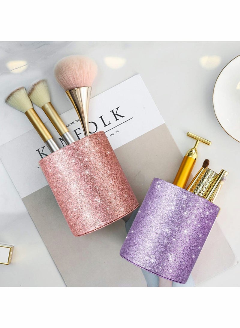 Excefore Pen Holder for Desk, Pencil Cup Pink Glitter Bling for Women Girls, Luxury Makeup Brush Holder Large Pu Leather Multi-Functional Organizer Cup for Office, Classroom, Home, Rose Gold - Image 4